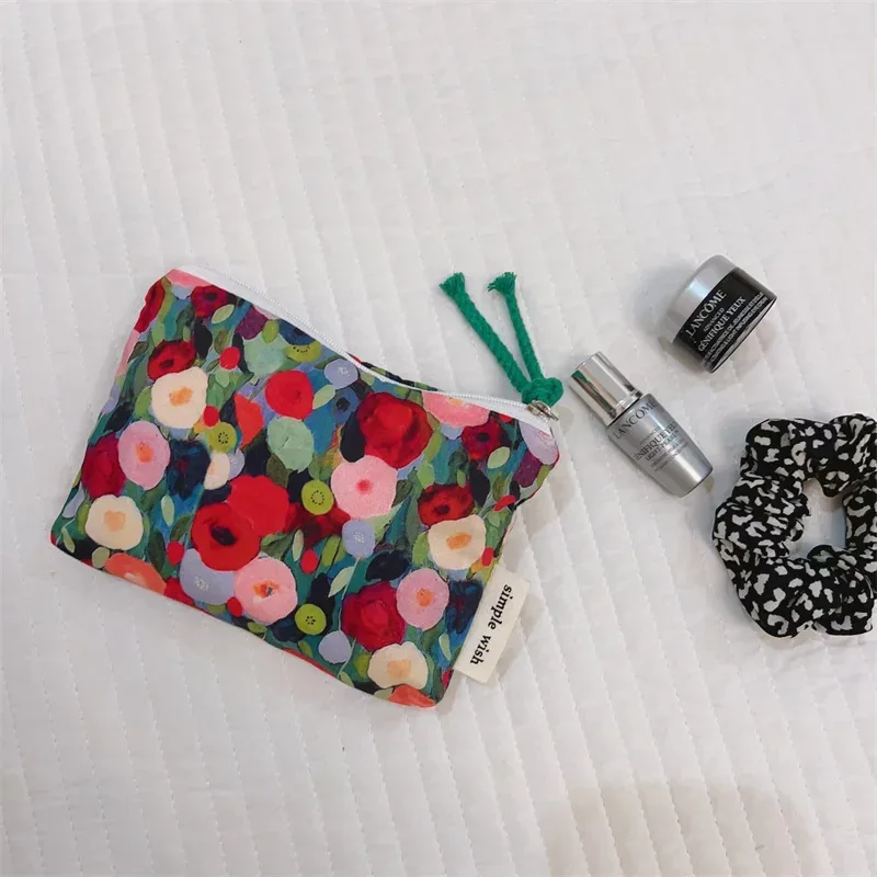 porte-monnaie en coton imprimé floral frais d'été, mini sac de rangement en tissu, petit sac pour écouteurs, pochette de voyage pour cosmétiques, sac de rangement pour maquillage
