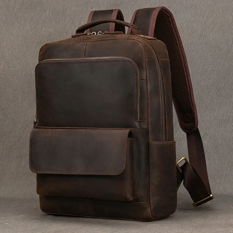 sac dos cuir vache marron vintage robuste bandoulière amovible poches zippees polyester 20 35 litres voyage école affaires
