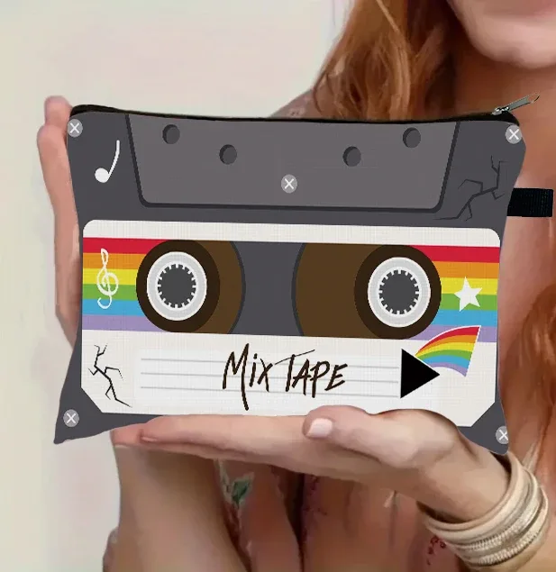 boîte à cassettes années 80 et 90, étui à cosmétiques graphique, cassette de mixage musical, sacs à maquillage pour femmes, sacs de rangement pour rouge à lèvres, trousse de toilette old school