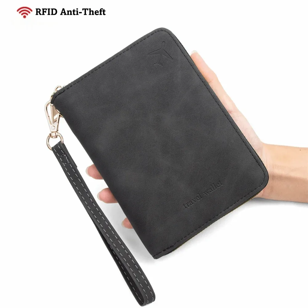 porte-passeport multifonctionnel en pu anti-rfid, couleur unie, avec fermeture éclair, porte-monnaie unisexe