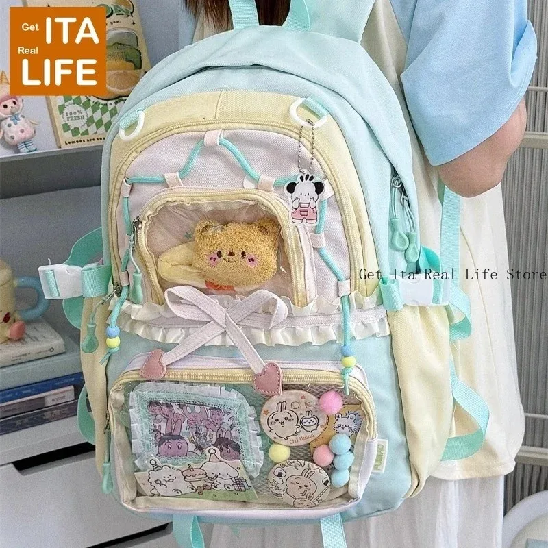sac à dos ita transparent italife dopamine kawaii anmie pour femmes, avec présentoir pour épingles et badges, grand sac ita mignon en forme de cœur avec nœuds, style lolita h259