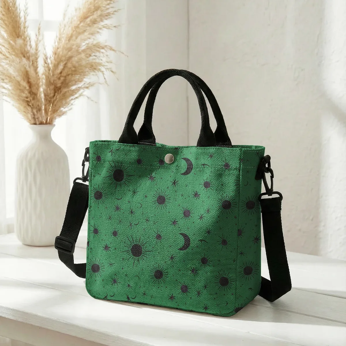 sac fourre-tout violet imprimé soleil, lune et étoiles, avec bandoulière amovible, sac à main pour femme, pour les courses quotidiennes