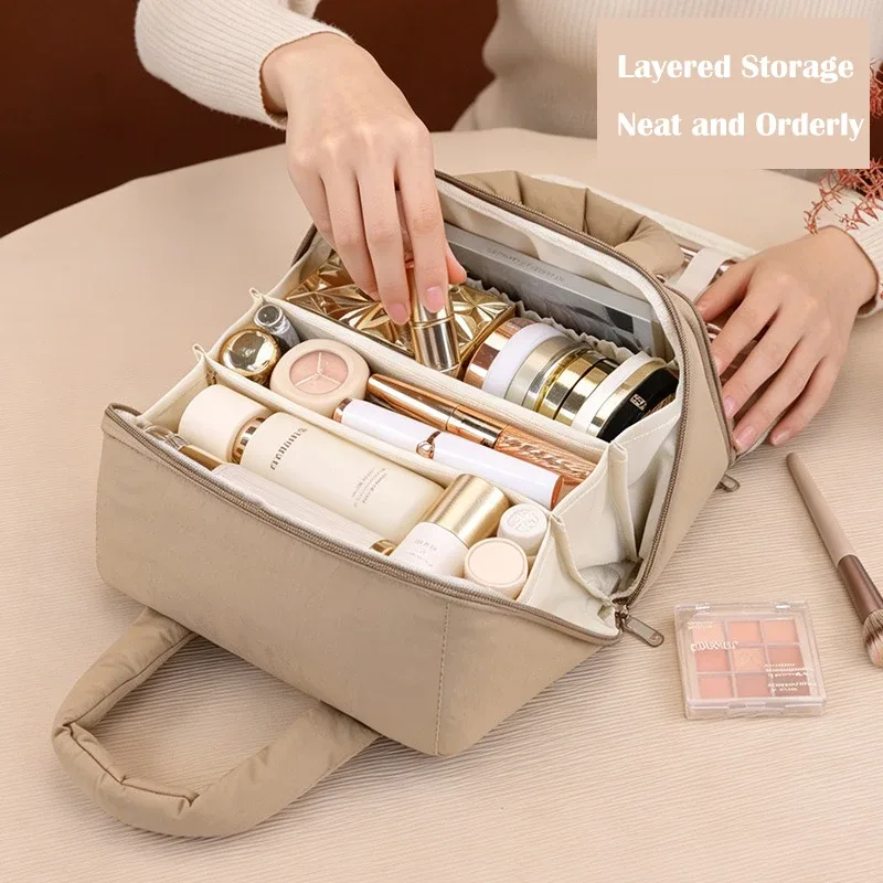 trousse de toilette avec séparateur et poignée, grande capacité, organisateur de maquillage à ouverture large, fermeture éclair, nouveau design, sac cosmétique de voyage mignon