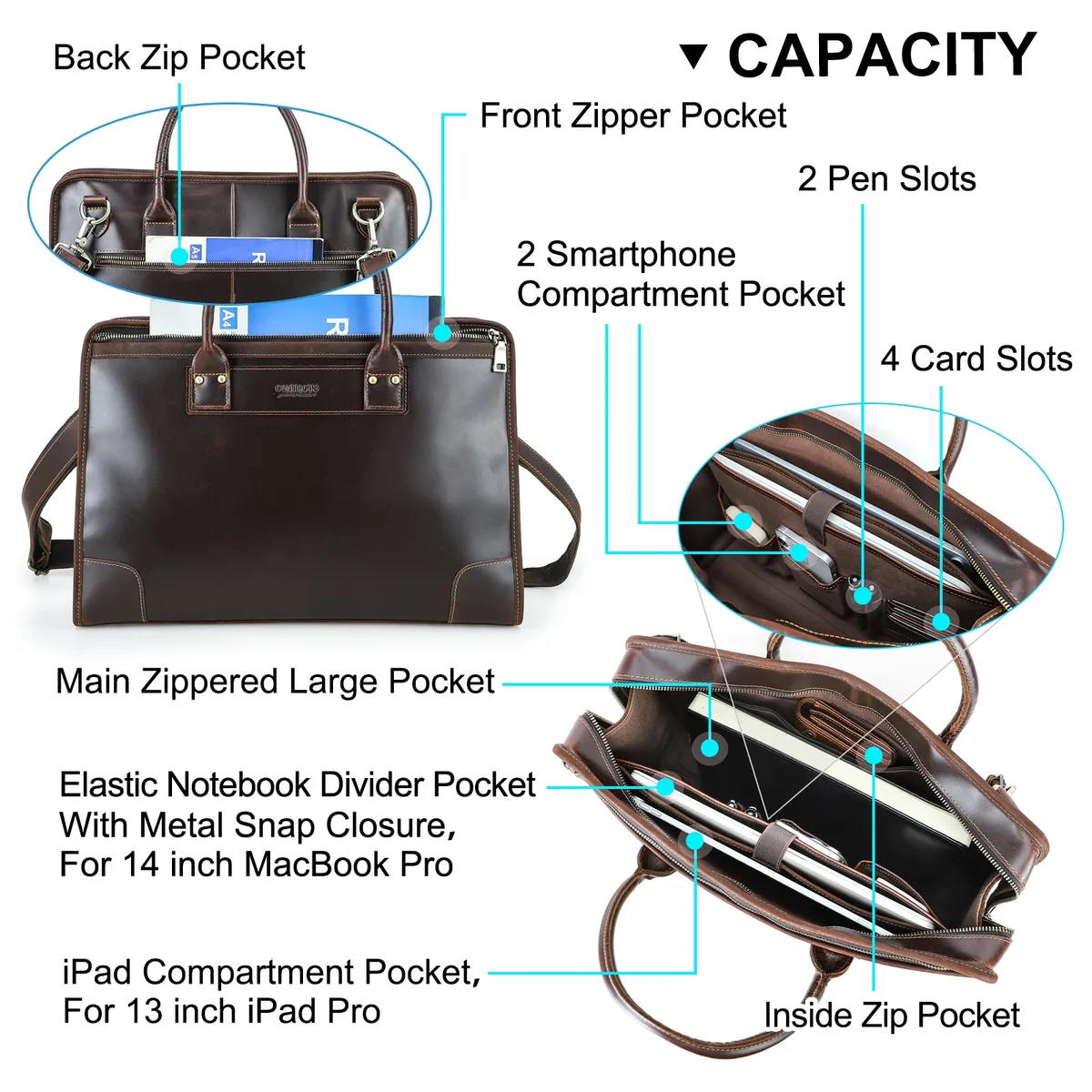 contact's sacs d'affaires en cuir véritable pour hommes, mallette de bureau, sac de travail en cuir, sacoche à bandoulière, sac fourre-tout pour ordinateur portable 14 pouces pour hommes