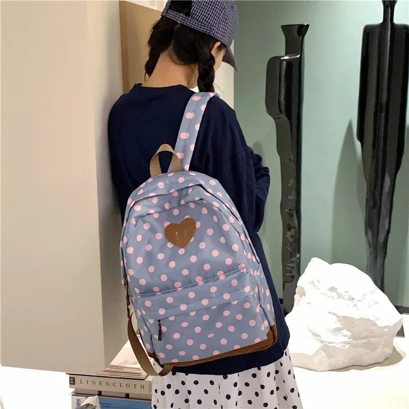 sac à dos d'école coréen vintage à pois, léger, pour voyage, décontracté, pour femmes et étudiantes, grande capacité