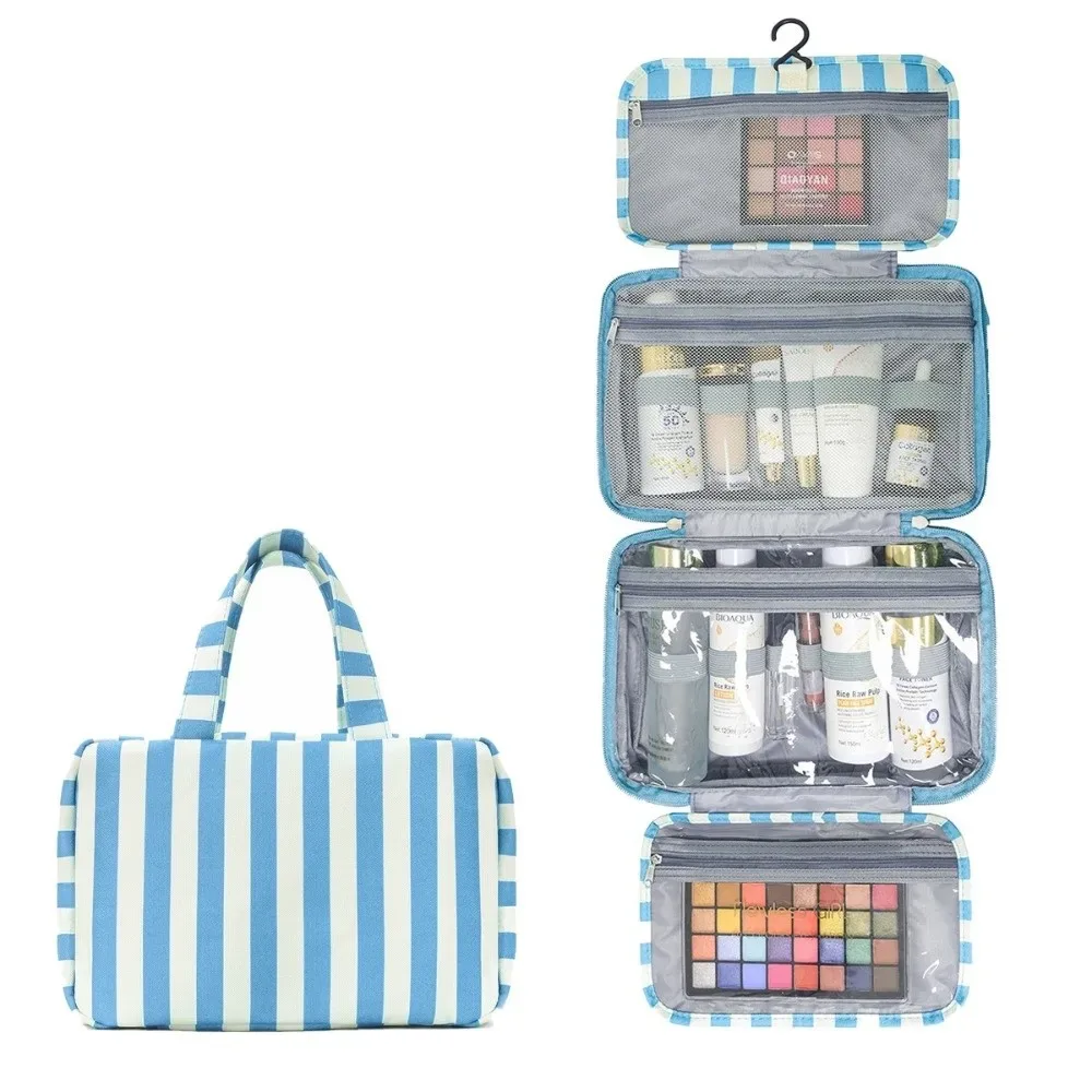 trousse de toilette de voyage suspendue portable rayée, organisateur cosmétique pliable 4 volets avec crochet, grande capacité, sac de maquillage pour extérieur