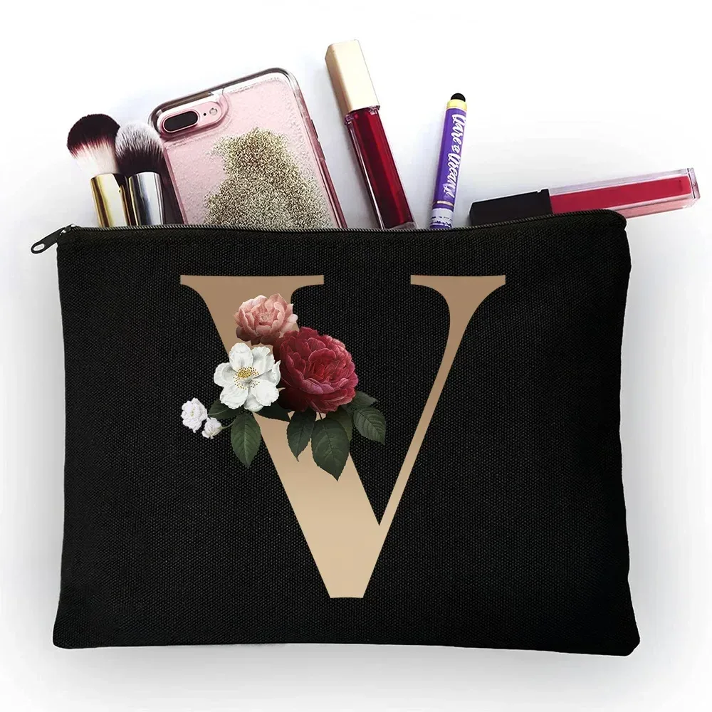 trousse de maquillage pour filles, sac de rangement classique à motif de lettres dorées, pochettes pour sacs de voyage, pochette à cosmétiques pour femmes