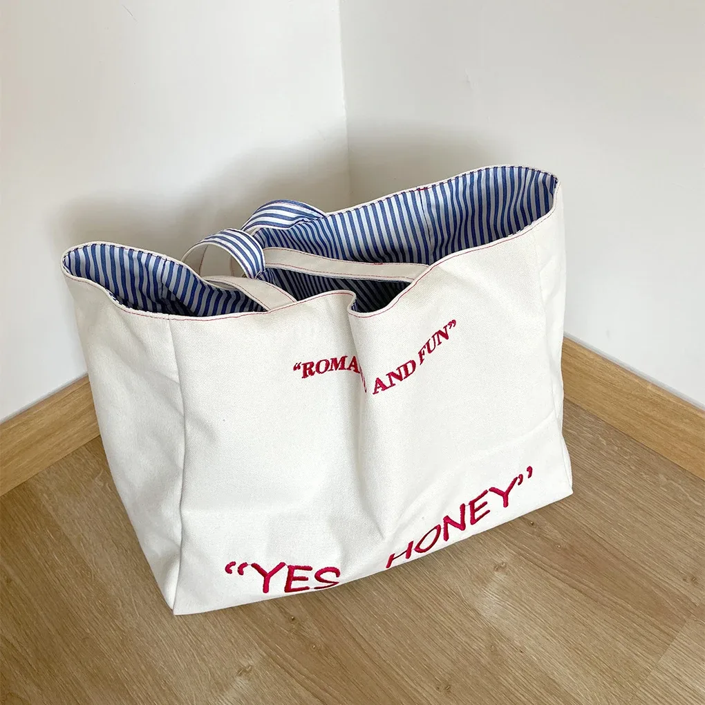 sac à main double face en toile de grande capacité pour femme, fourre-tout réutilisable avec lettres brodées rayées