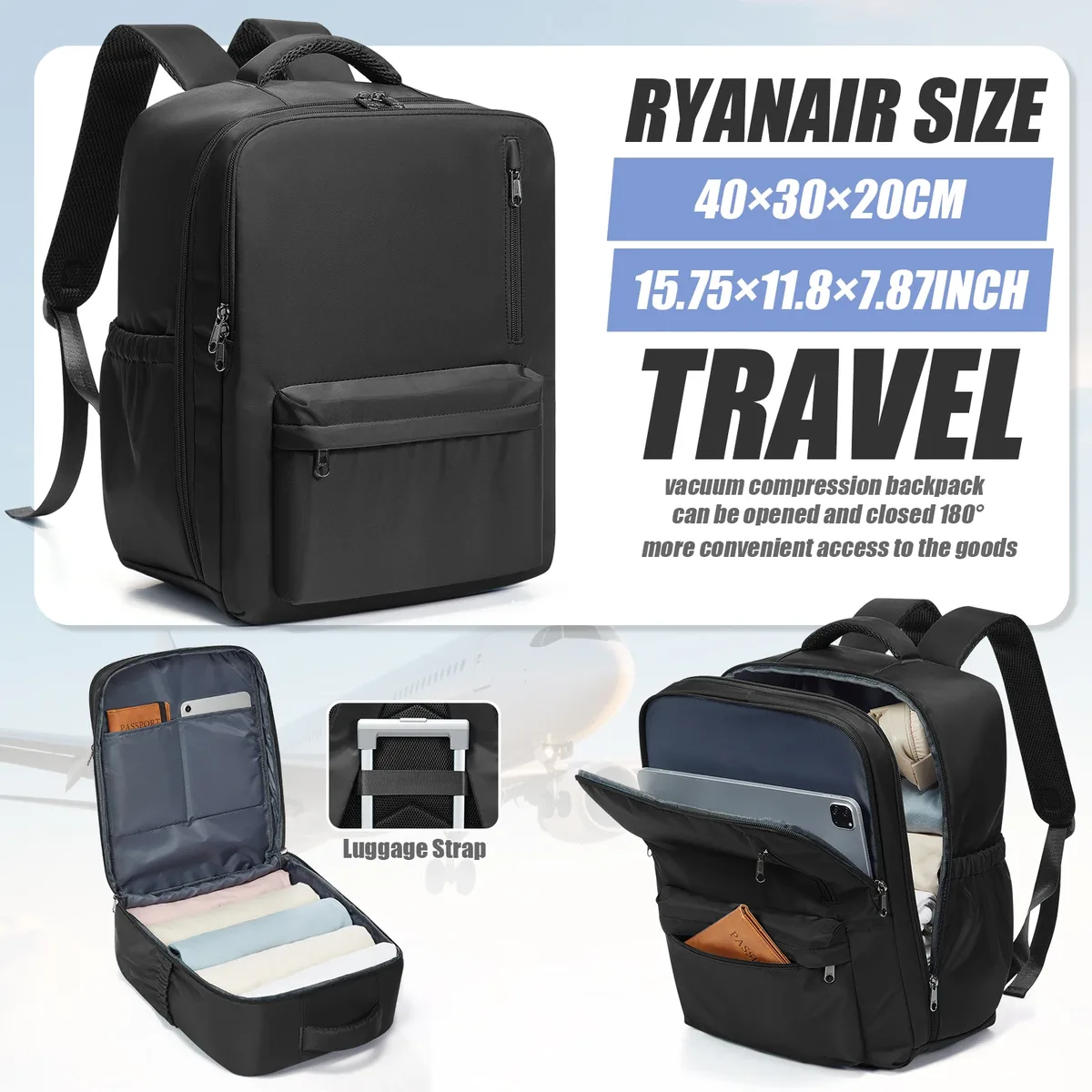 wizzair ryanair 40x30x20 sac de cabine bagages à main sac à dos hommes femmes 15.6 pouces sacs pour ordinateur portable, sac de rangement pour vêtements, sac à dos d'école