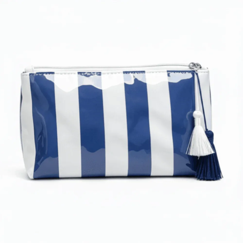 trousse de toilette imperméable rayée grande capacité en polyester avec doublure pvc, sac de rangement de plage simple avec pendentif pompon