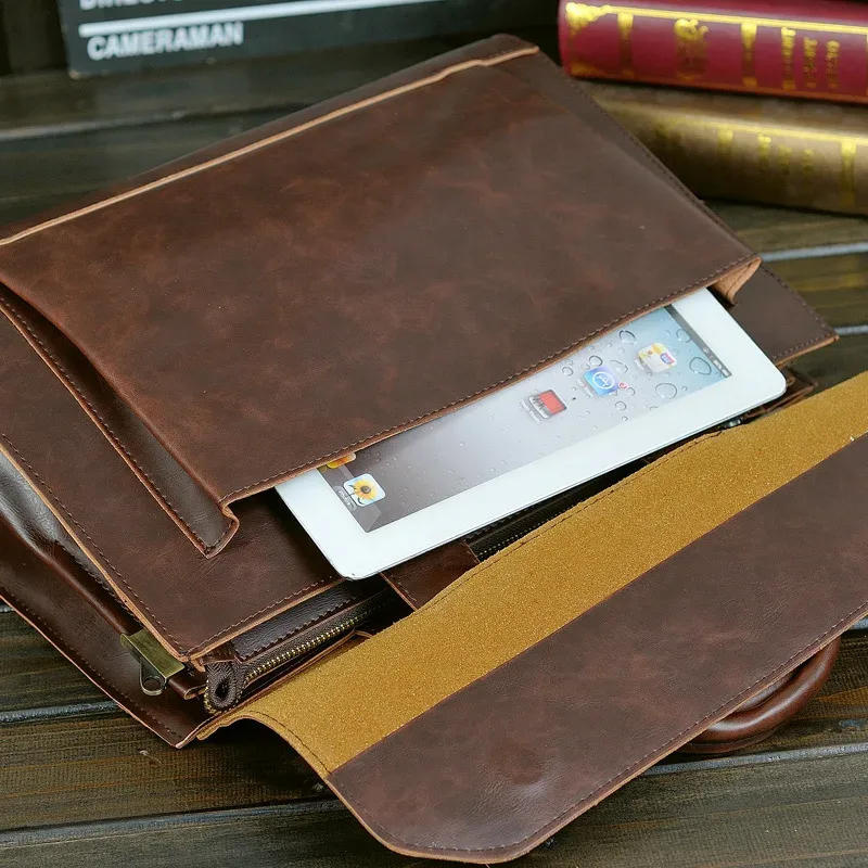 gumst – serviette rétro en cuir de cheval fou pour hommes, sacoches d'affaires, sac à main pour ordinateur portable, pochette d'ordinateur