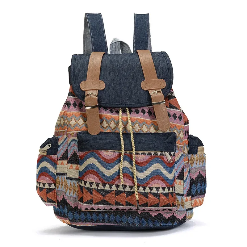 femmes impression nationale sac à dos toile sacs d'école pour adolescents sac à bandoulière week-end voyage sac à dos denim mochilas femininas