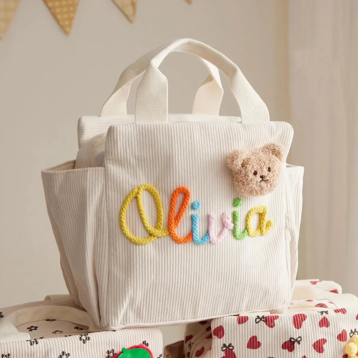 sac fourre-tout personnalisé avec initiales – sac à déjeuner isotherme en velours côtelé grande capacité personnalisé ; cadeau de rentrée scolaire, sac de vacances et de fête