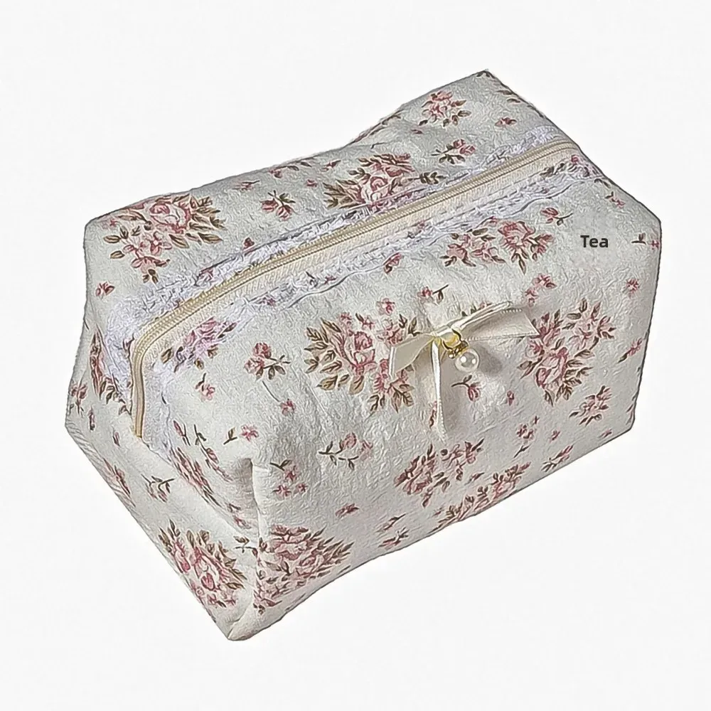 pochette cosmétique en dentelle de coton à nœud papillon floral, pochette de rangement portable pour rouge à lèvres, fermeture éclair, pour femmes, trousse de toilette de voyage