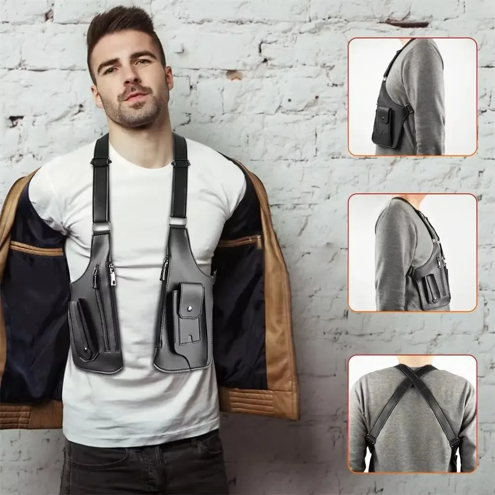 sac de poitrine rétro antivol multi-poches en cuir avec sangle dissimulée, sacoche multifonction pour téléphone portable, idéal pour la chasse