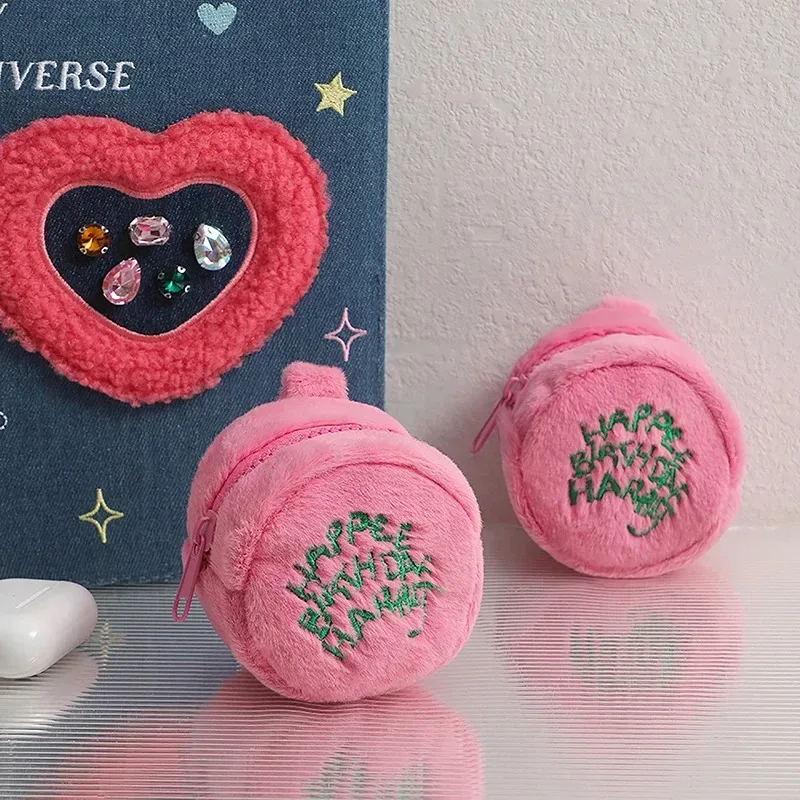 mini sac à monnaie rose en peluche kawaii harries, sac de rangement portable pour écouteurs, pochette à monnaie, sac gâteau