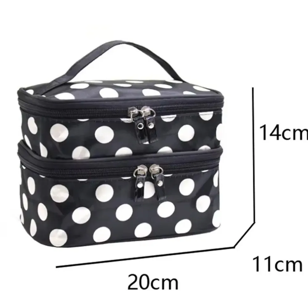 sac de maquillage double couche tendance, grande capacité, trousse de toilette portable, sac de maquillage de voyage à pois