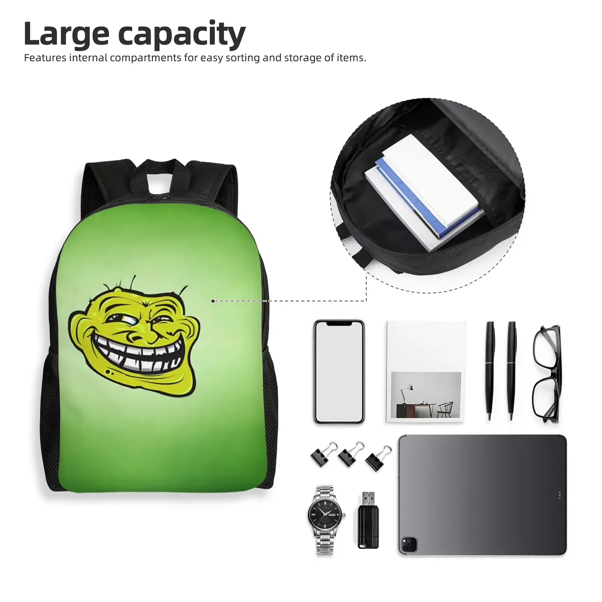 trollface sacs à dos amusants pour hommes et femmes, sac à livres basique pour l'université, l'école, sacs manga