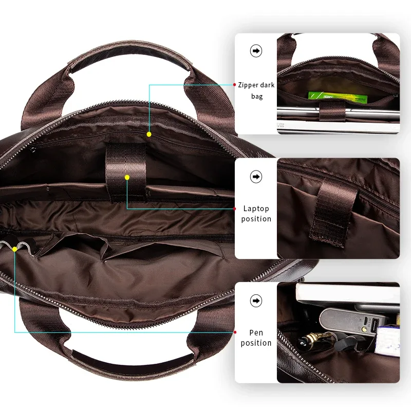 porte-documents pour homme en cuir véritable avec deux poches avant, sac pour ordinateur de grande capacité, sac à main diagonal