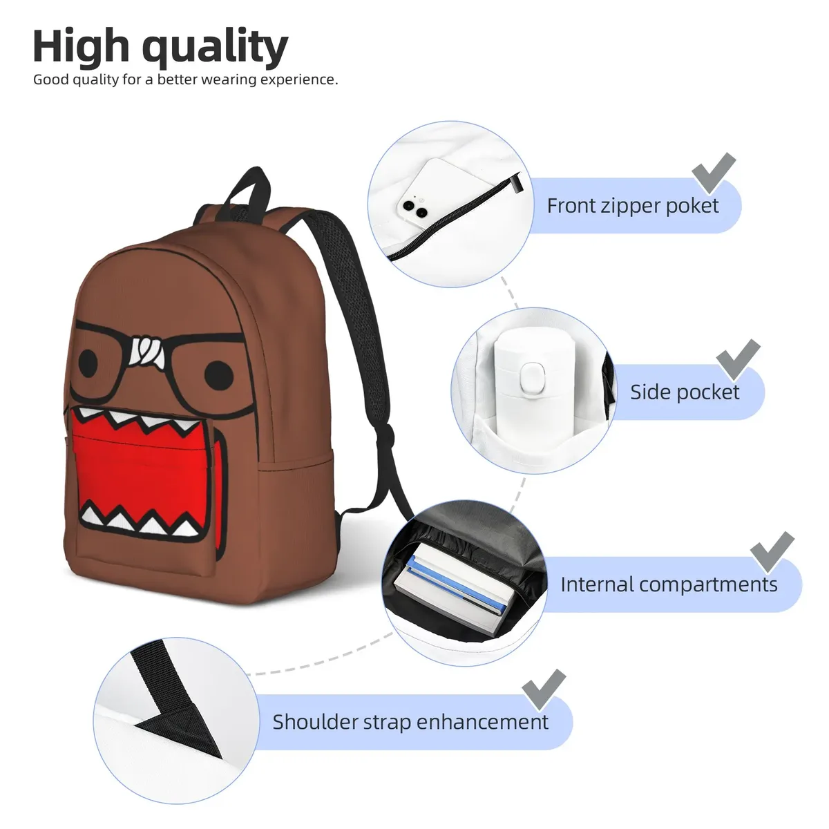 sac à dos domo kun face anime cool pour hommes et femmes, sac à dos de sport, étudiant, randonnée, voyage, meme, poupée, sac à dos de jour, sac à bandoulière pour ordinateur portable