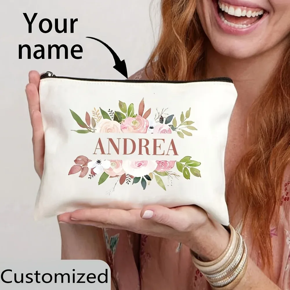 sac de maquillage personnalisé avec nom/texte, pochette à cosmétiques à double face imprimée à fleurs, sacs de rangement pour articles de toilette de voyage, 1 pièce