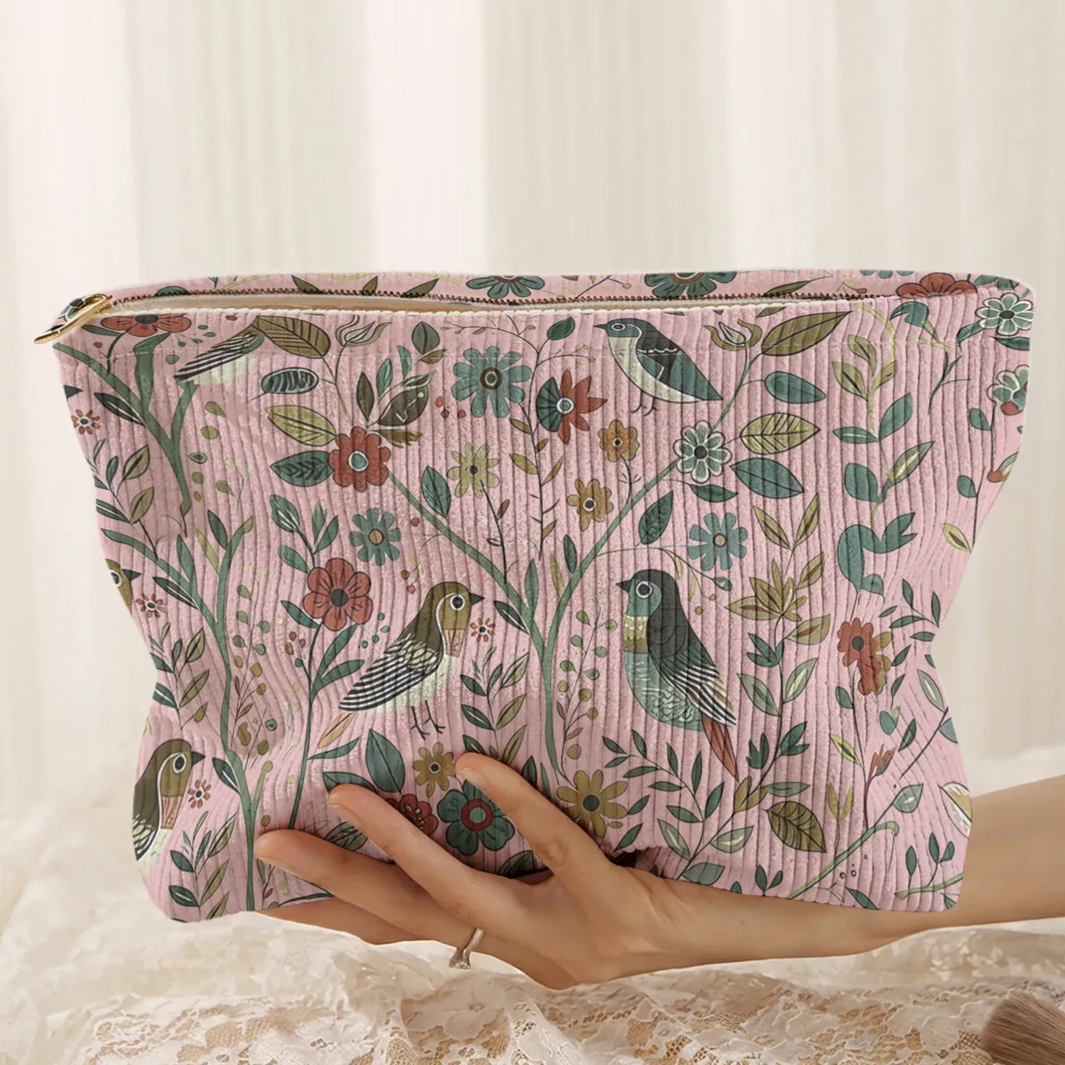 1 pièce, trousse de maquillage en velours côtelé avec motif d'oiseaux et de branches, légère et multifonctionnelle pour le rangement des cosmétiques.