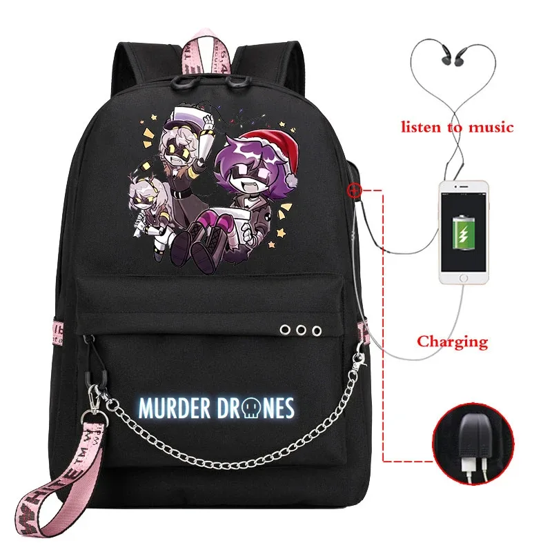 sac dos toile dessin animé personnages colorés logo murder drones chaîne métallique câble usb voyage capacité 20 35 litres