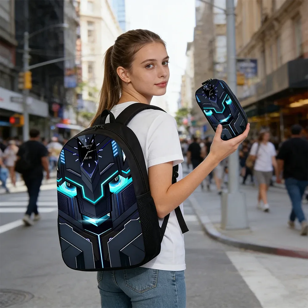 sac dos polyester noir motifs futuristes bleu blanc poignée supérieure bandes latérales petit sac main porte monnaie usage quotidien école déplacements