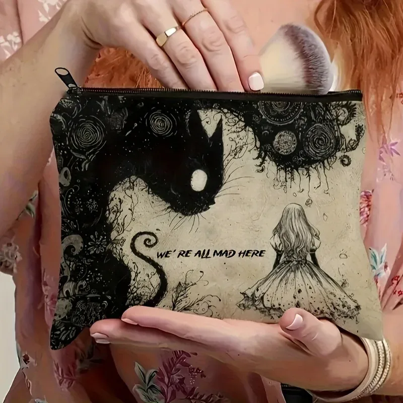 trousse de maquillage avec illustration de chat noir mystique et de fille – conception de conte de fées sombre enchanteresse, pochette de voyage pliable et légère