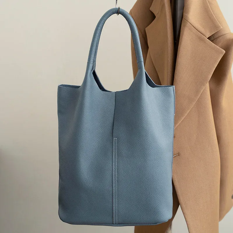 sac à main en cuir véritable pour femmes, fourre-tout de banlieue en cuir de vache souple, fourre-tout à bandoulière, grand sac seau de luxe de styliste