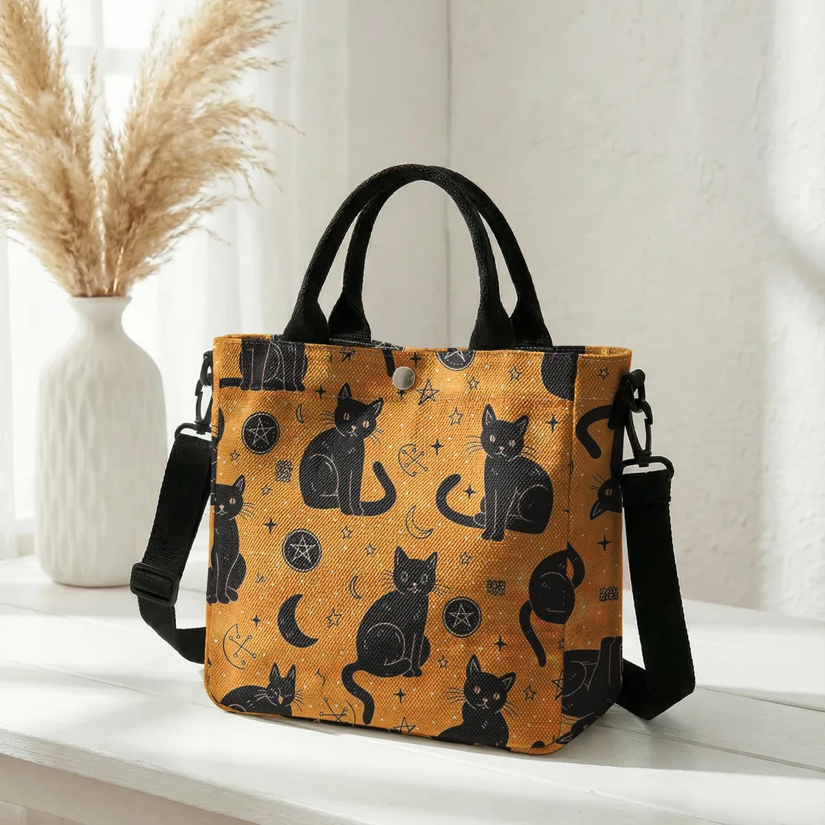 sac fourre-tout en toile rose imprimé lune et étoiles avec chat noir sorcière, bandoulière détachable, sac à main bandoulière pour femme, idéal pour le shopping quotidien