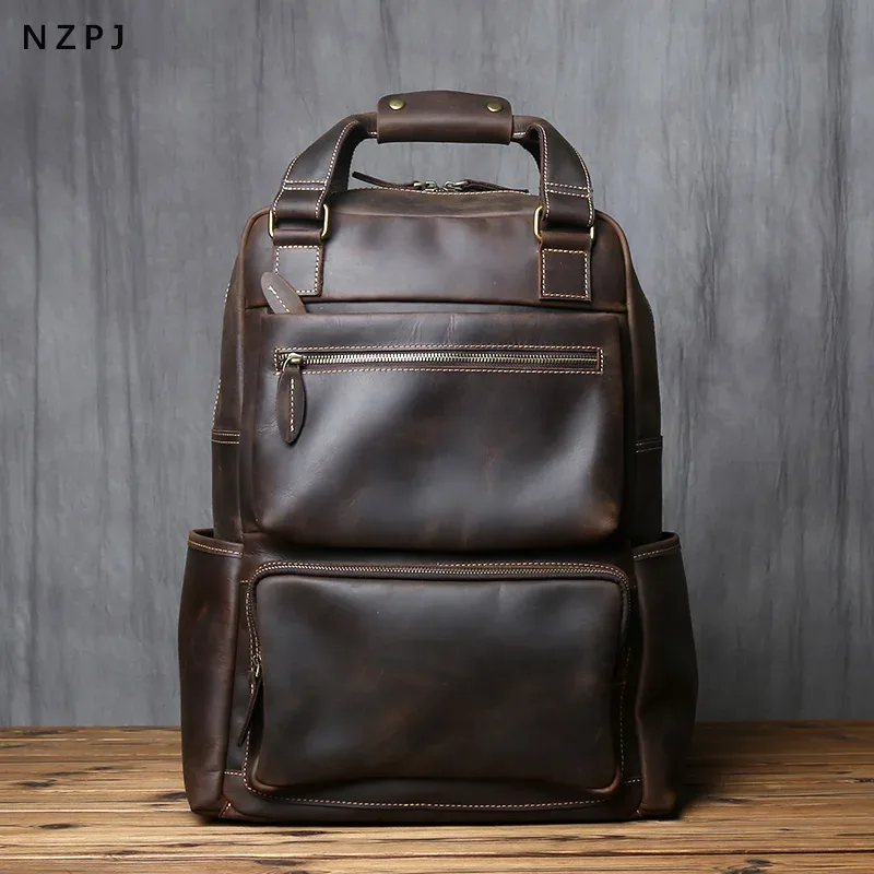 sac à dos rétro en cuir pour hommes, couche supérieure en cuir, grande capacité, sac d'ordinateur, crazy horse, loisirs, voyage, nzpj