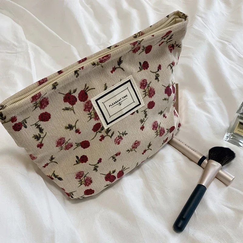 trousse de maquillage en velours côtelé pour femme, trousse cosmétique à imprimé floral rétro, étuis de rangement de beauté, poudres de maquillage de voyage