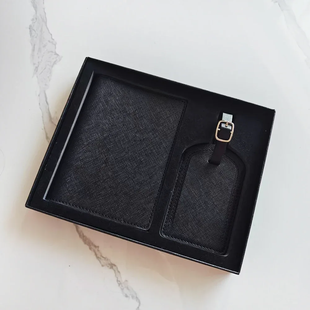 porte-passeport saffiano de voyage avec initiales personnalisées, ensemble d'étiquettes de bagage, boîte-cadeau, nom personnalisé, logo, accessoires de voyage pour femmes et hommes