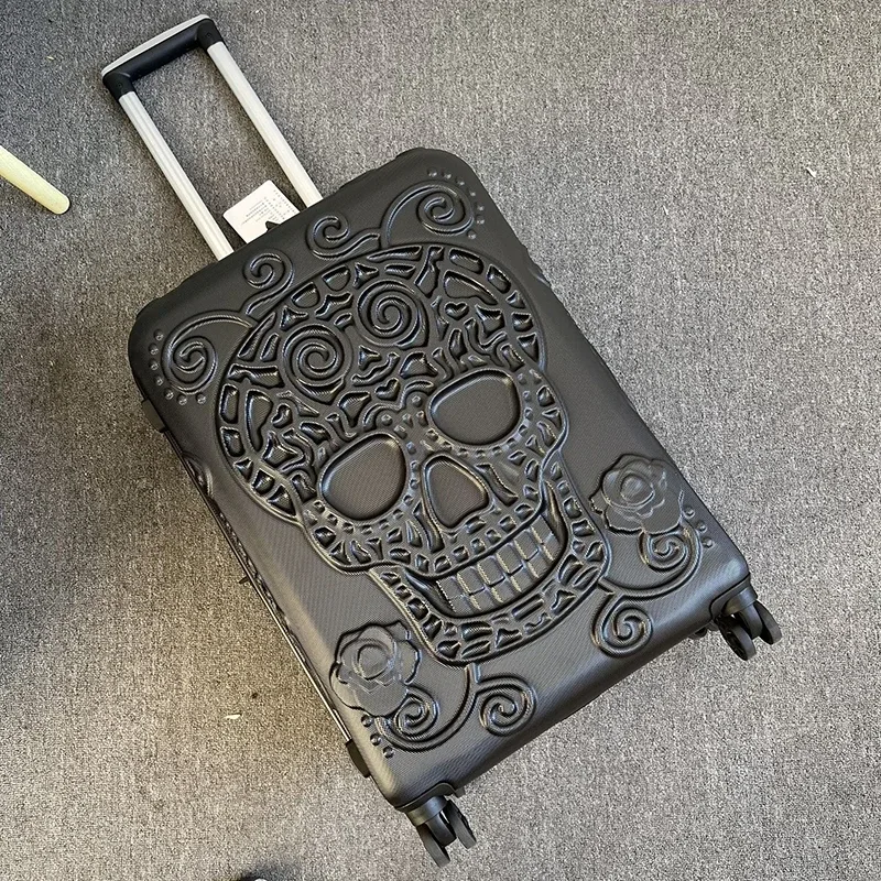 valise trolley de voyage à roulettes grande taille, style punk squelette, avec éléments pop personnalisés, verrou de douane, bagage cabine