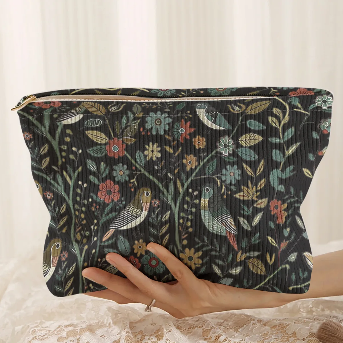 1 pièce, trousse de maquillage en velours côtelé avec motif d'oiseaux et de branches, légère et multifonctionnelle pour le rangement des cosmétiques.