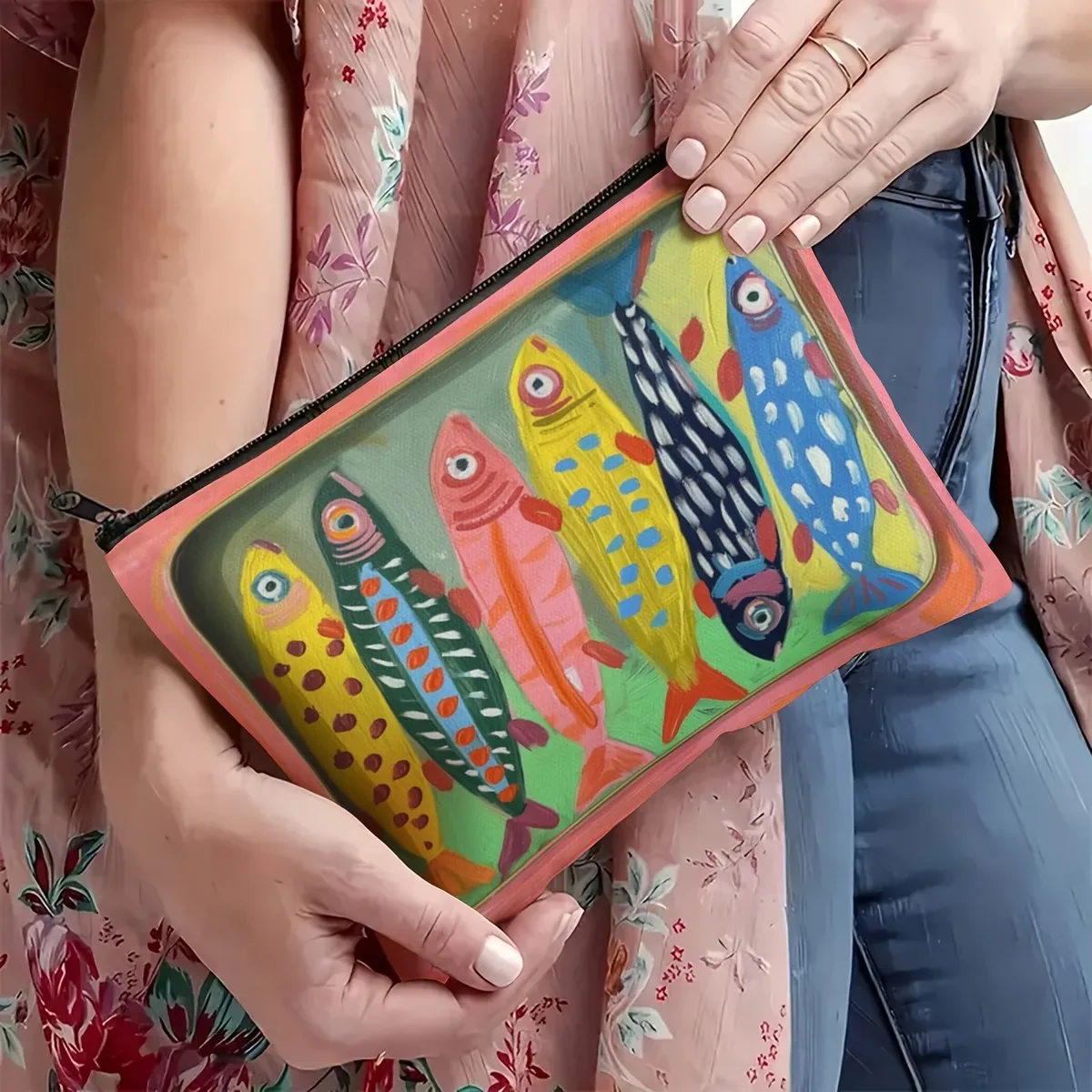 sac cosmétique durable à motif de poisson rayé coloré | pochette de maquillage et porte-monnaie multifonctionnels à fermeture éclair