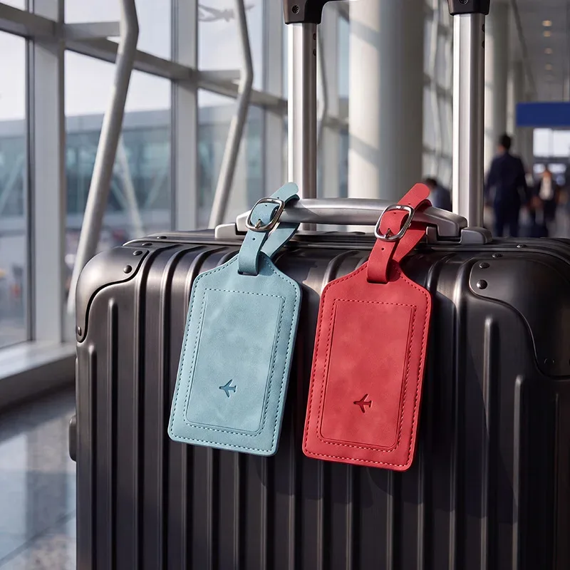 étiquette bagage cuir simili bleu noir rose voyage identification valise nom adresse pochette contact symbole avion reliefs