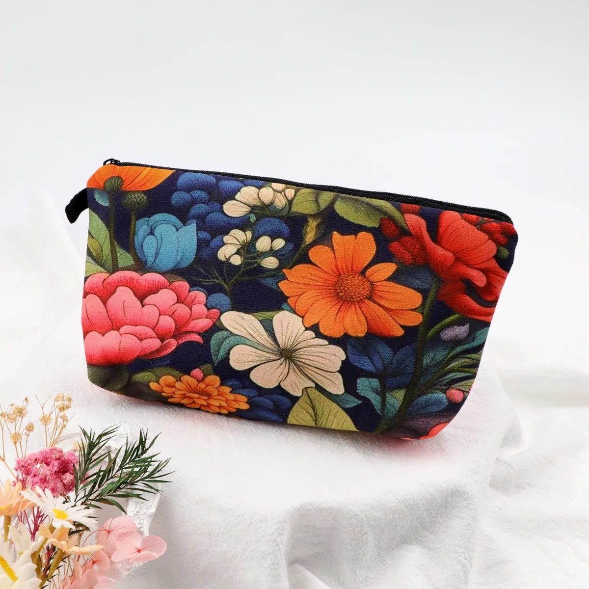 sac de maquillage à fermeture éclair série fleur pour femmes, pochette de rangement de voyage portable, sac de rouge à lèvres de voyage, trousse de maquillage, sacs pour pinceaux cosmétiques