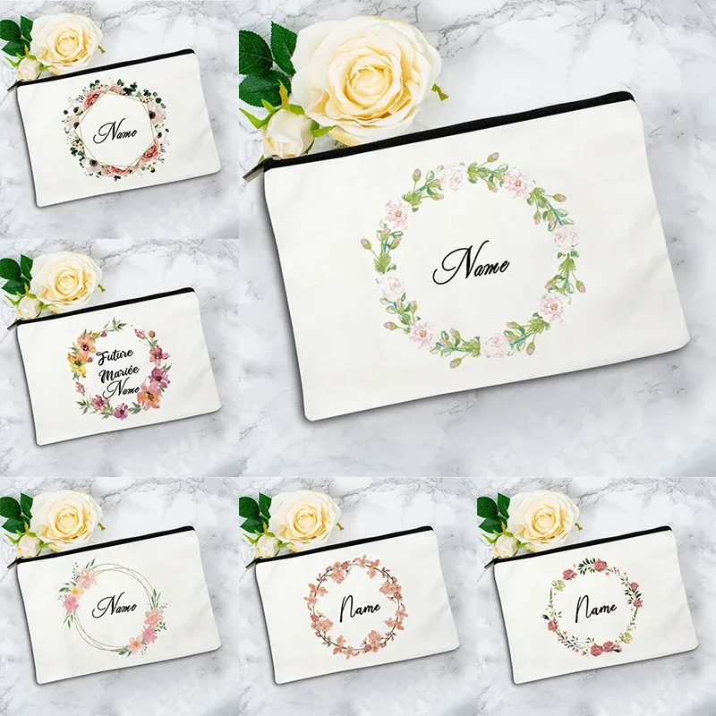 pochette zippée à motif floral pour femme, sac de voyage, organisateur en toile, trousse de maquillage, cadeau pour enseignant avec nom personnalisé lady f