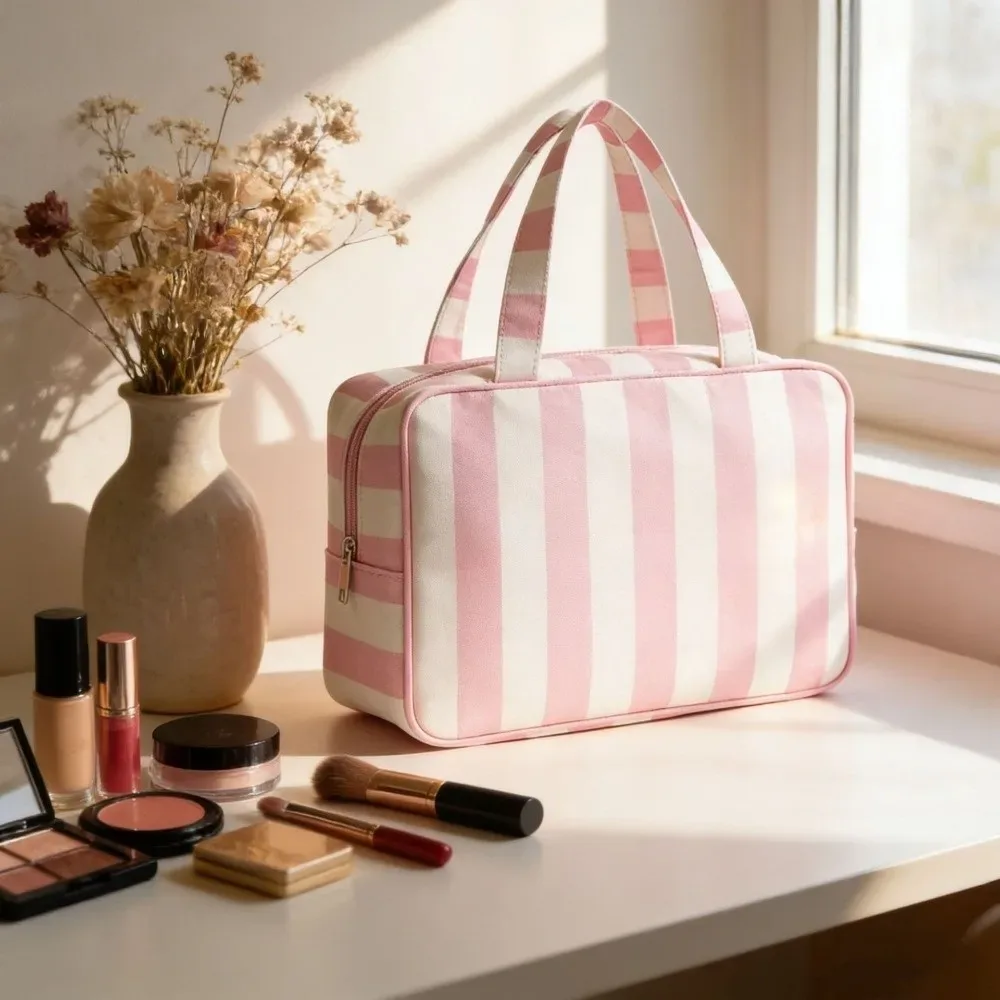 sac de rangement pour articles de toilette rayé grande capacité, pliable, multi-compartiments, sac de maquillage de voyage, pochette cosmétique durable et portable