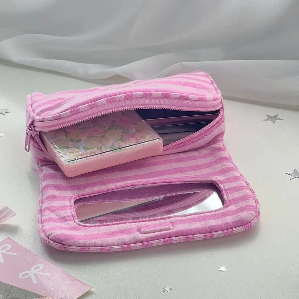 sac cosmétique portable en toile à pois, rayures roses, grande capacité, sac pour petits objets, multifonctionnel avec miroir de maquillage, organisateur de voyage
