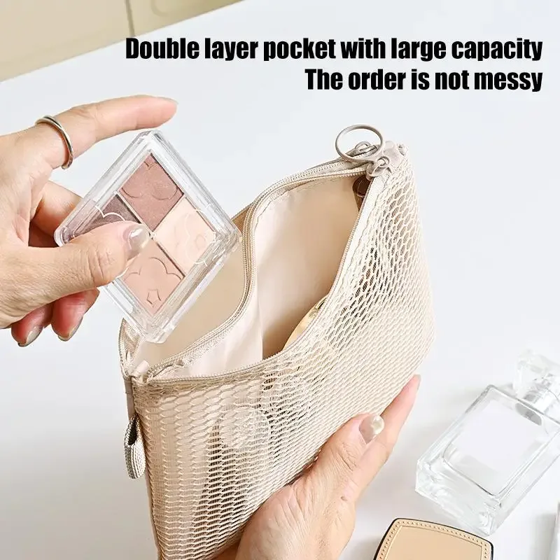 trousse de toilette portable transparente en maille grande capacité, pochette cosmétique en filet pour le rangement du maquillage en voyage pour femmes