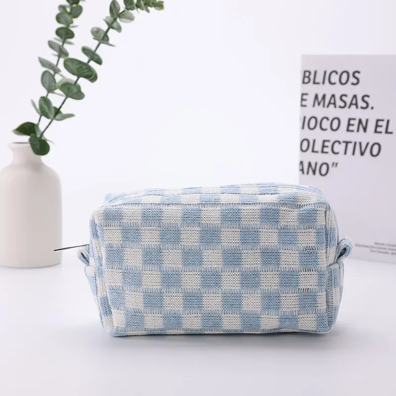 pochette cosmétiques polyester carreaux bleu blanc grande ouverture voyage organisation fournitures scolaires maquillage femmes