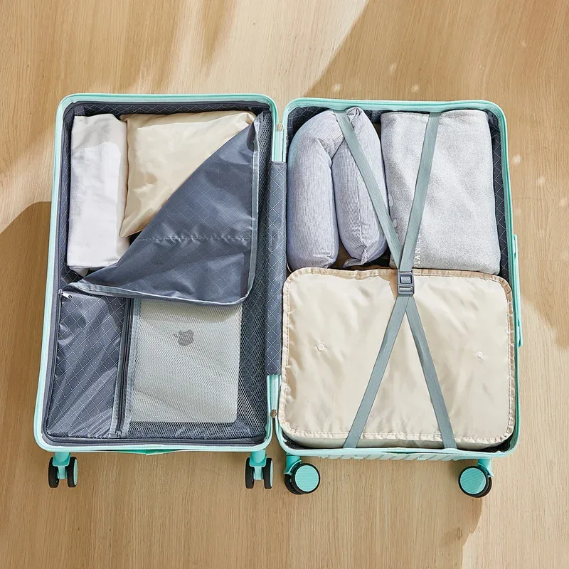 valise bagage roulante abs dur beige bleu noir marron grande capacité toupie poignée latérale porte gobelet support téléphone pratique