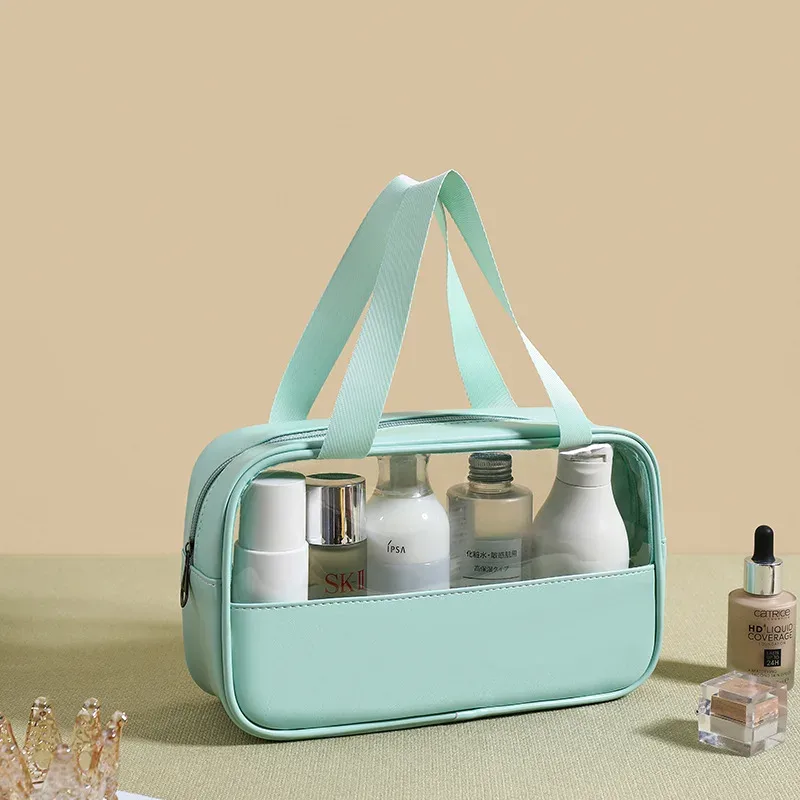 sac à cosmétiques personnalisé avec coutures brodées, sac de bain translucide en pvc de grande capacité, sac de rangement de voyage portable étanche en pu