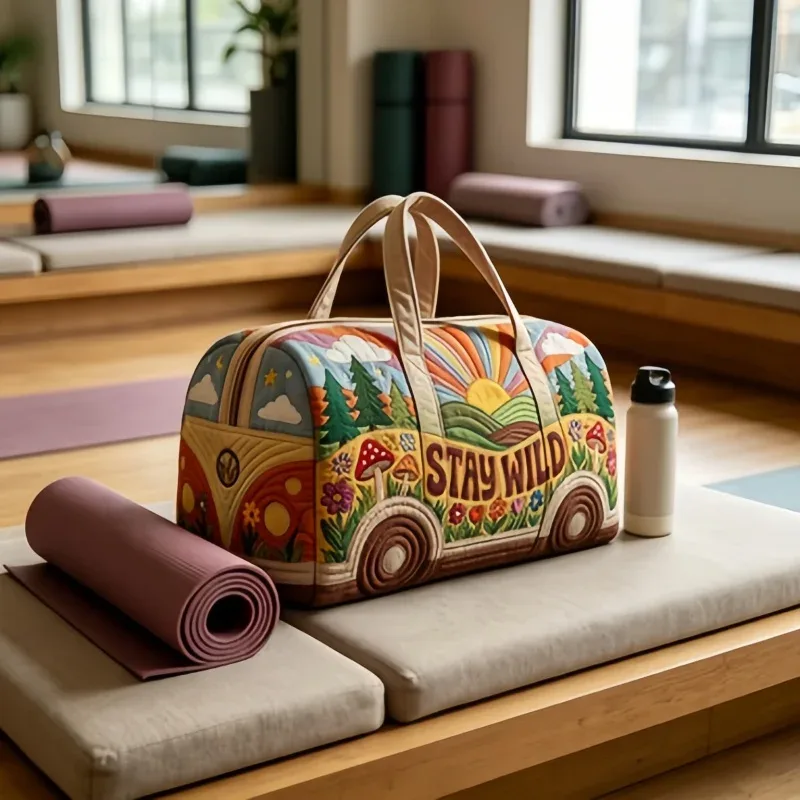 sac de voyage matelassé 3d style hippie, sac de voyage van « stay wild », sac de week-end style bohème pour voyage, gym, shopping