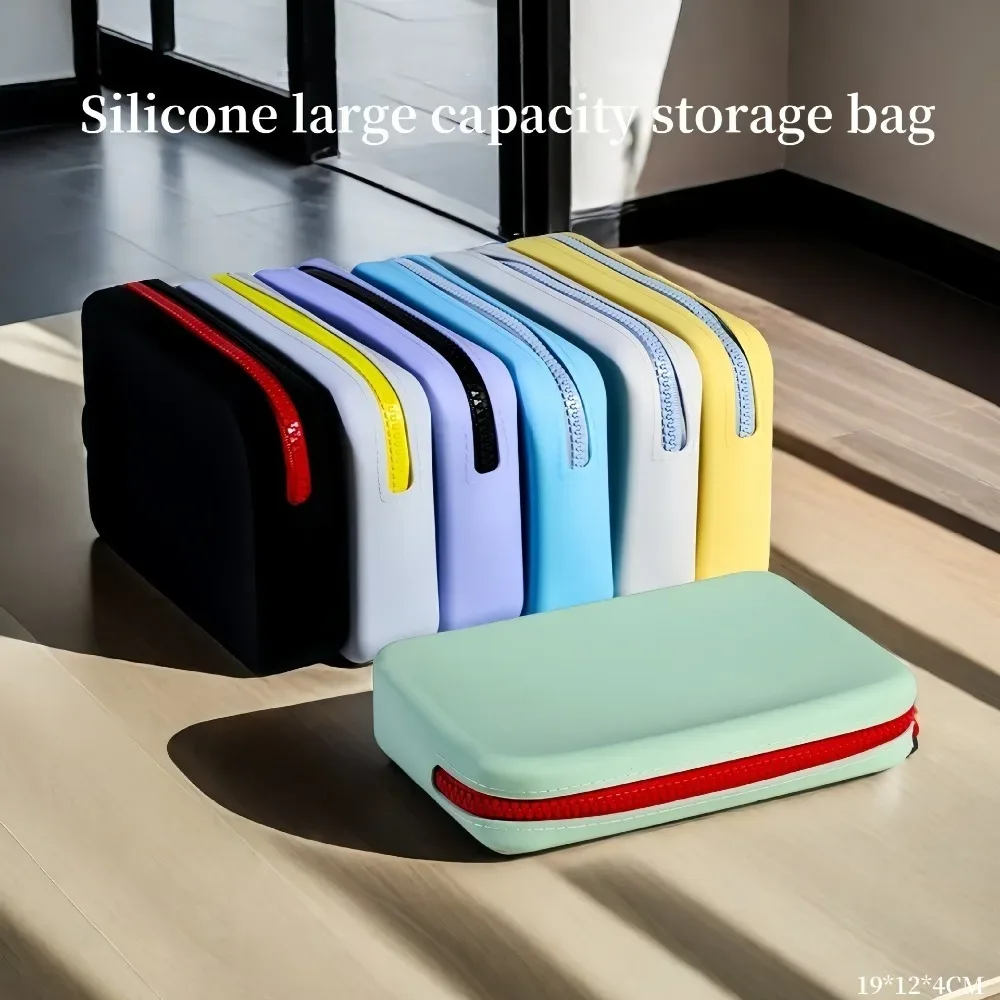 sac de rangement cosmétique portable de grande capacité avec fermeture éclair, sacs de rangement en silicone, carré étanche extérieur, poudres de maquillage