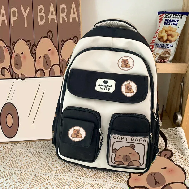 sac dos nylon beige accents marron blanc motifs ours poches multiples étudiant voyage décontracté