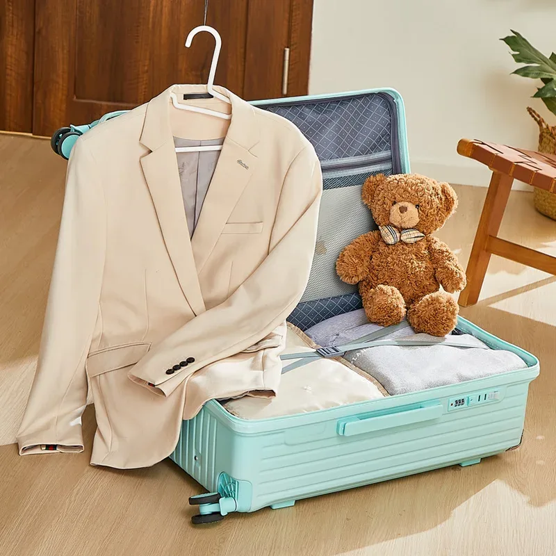 valise bagage roulante abs dur beige bleu noir marron grande capacité toupie poignée latérale porte gobelet support téléphone pratique